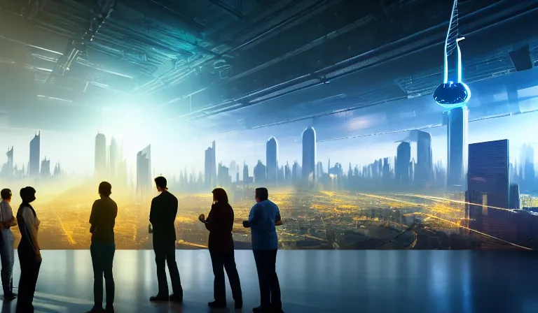 Image similar to large group of people in simple warehouse, looking at hologram of futuristic city on a table, cinematic concept art, godrays, golden hour, natural sunlight, 4 k, clear details, tabletop model buildings, center model buildings, hologram center, crane shot, crane shot, crane shot