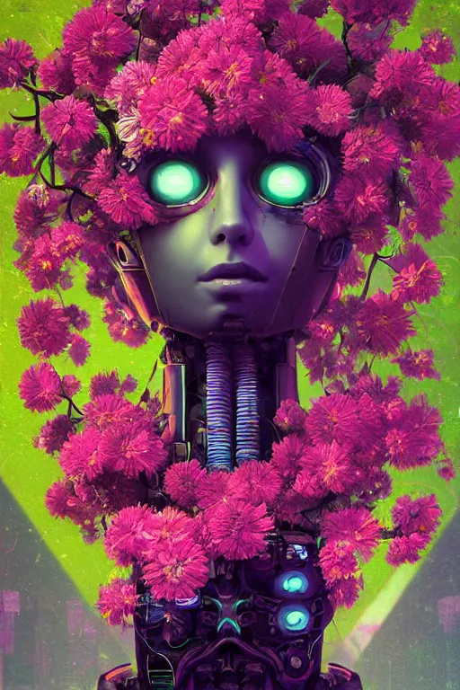 Prompt: a digital painting of a robot with flowers, closeup cyberpunk portrait by Filip Hodas, cgsociety, panfuturism, made of flowers, dystopian art, vaporwave