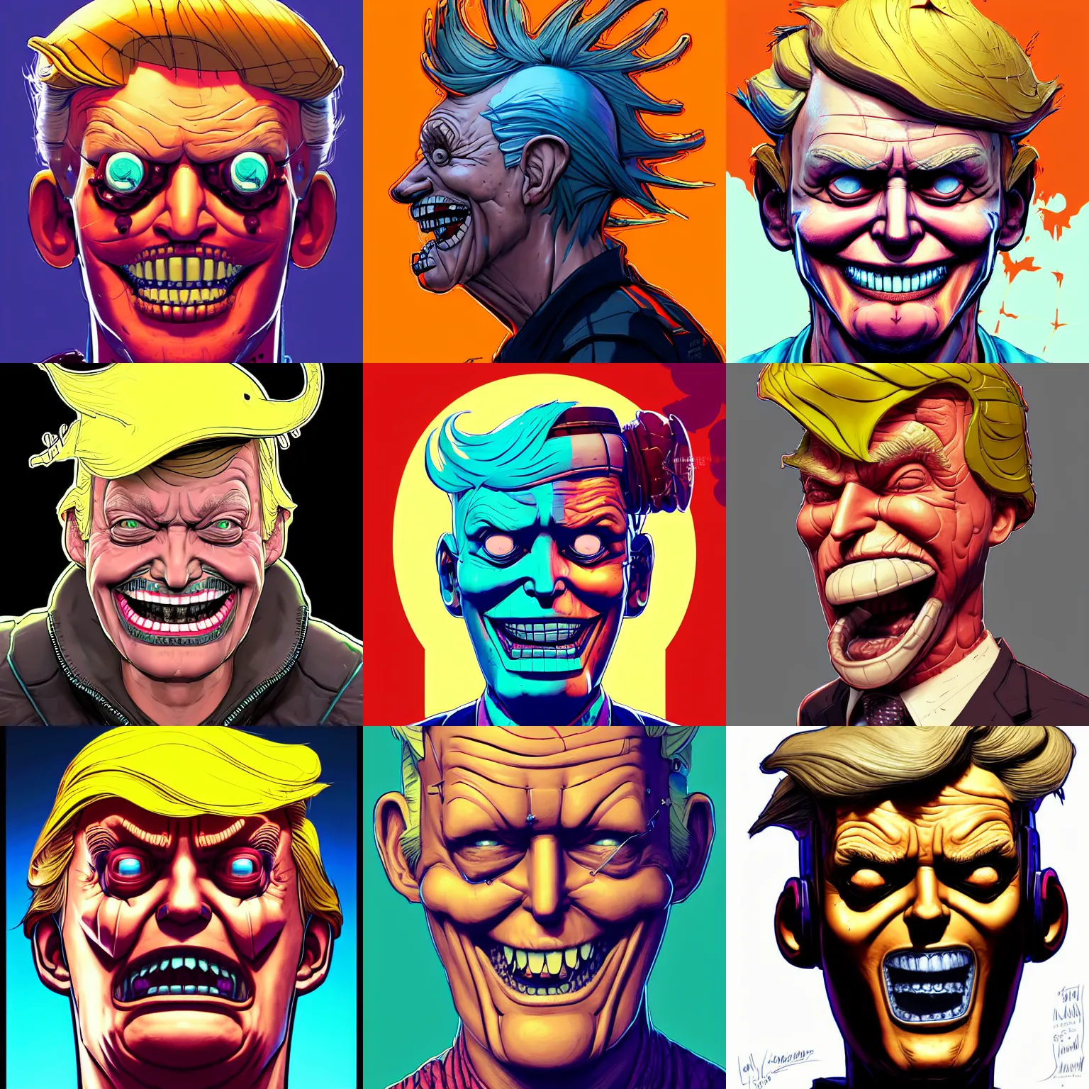 Prompt: cell shaded head portrait of smiling cyber donald trump as Borderlands 3 concept art, llustration, post grunge, concept art by josan gonzales and wlop, by james jean, Victo ngai, David Rubín, Mike Mignola, Laurie Greasley, highly detailed, sharp focus,alien,Trending on Artstation, HQ, deviantart, art by artgem