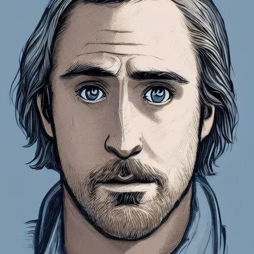 Image similar to portrait of the medieval old ryan gosling, artstation, cartoon, elegant, highly detailed, digital painting, concept art, smooth, clear focus, illustration, works by studio ghibli, makoto shinkai, don bluth, fujita goro, jean giraud, atey gaylan, akihiko yoshida, tom whalen, anton fadeev 8 k