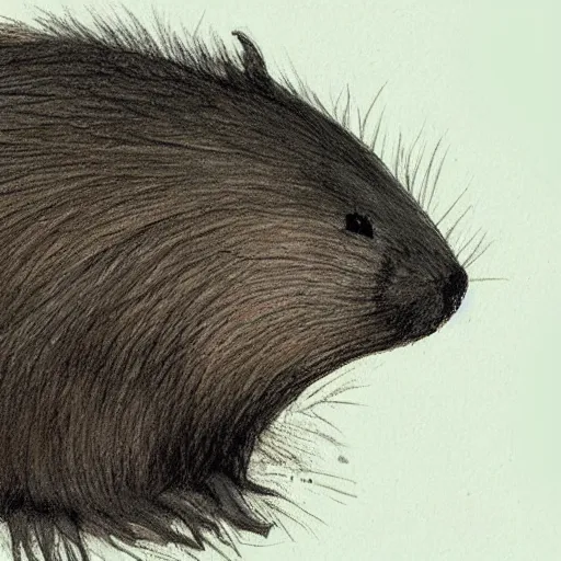 Image similar to a beaver in profile with a big tail and big front teeth, fluffy fur drawn concept art