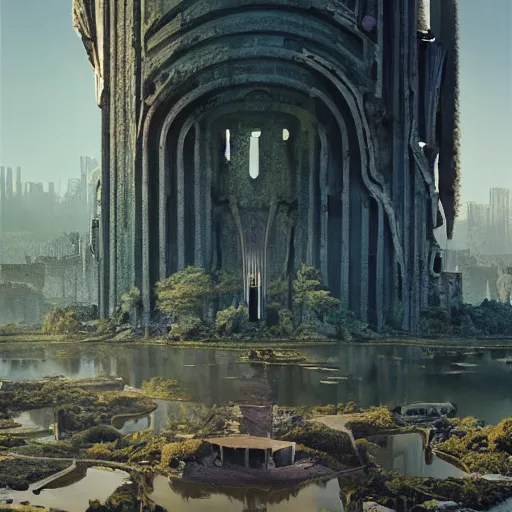 Image similar to the tarnished discovers the ruins of an artdeco city in the lands between, matte painting, detailed, elden ring, oil on canvas, by beeple