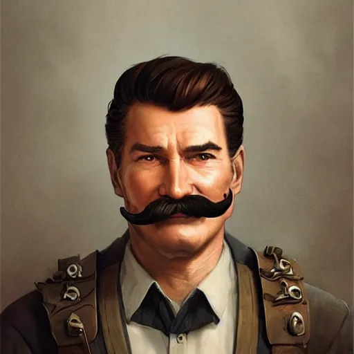 Image similar to a highly detailed epic cinematic concept art CG render digital painting artwork costume design: Errol Flynn as a 1950s sly engineer with a thick moustache. By Greg Rutkowski, Ilya Kuvshinov, WLOP, Stanley Artgerm Lau, Ruan Jia and Fenghua Zhong, trending on ArtStation, subtle muted cinematic colors, made in Maya, Blender and Photoshop, octane render, excellent composition, cinematic atmosphere, dynamic dramatic cinematic lighting, aesthetic, very inspirational, arthouse