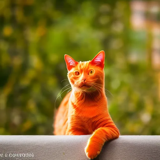 Image similar to a orange colour cat smiling , dlss, HDR, natural lighting , eye level shot, EOS R5, f/2.8, dynamic pose, , award winning photograph, 8k,