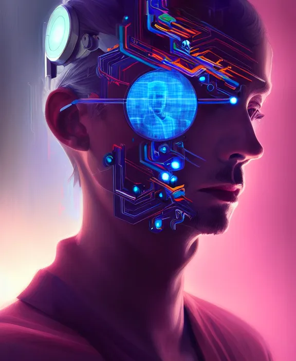 Image similar to a whirlwind inside the metaverse, guy, male, man, hologram, half body, neurochip, android, cyborg, cyberpunk face, by loish, d & d, fantasy, intricate, elegant, highly detailed, colorful, digital painting, artstation, concept art, art by artgerm and greg rutkowski and alphonse mucha