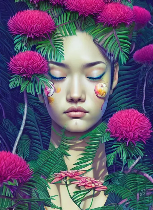 Image similar to gigantic girl head, a lot of exotic vegetation, trees, flowers by junji ito, tristan eaton, victo ngai, artgerm, rhads, ross draws, hyperrealism, intricate detailed