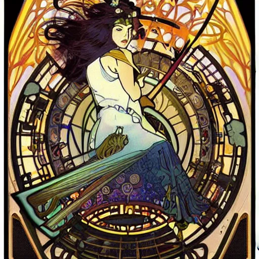 Image similar to solarpunk art nouveau space skyship mechanical trade caravan by magic the gathering cinematography by alphonse mucha