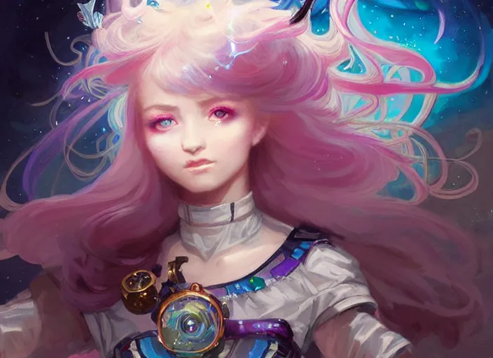 Image similar to close up picture of an maximalist dress magical girl, neat hair with bangs, smug face, extremely beautiful and aesthetic and detailed cute face and eyes, wipe out evils with cute astronaut familiar sprites, aming the magical beams to the camera, chiaroscuro, intricate, masterpiece, epic fantasy illustrations by peter mohrbacher and anato finnstark and jeremy lipking