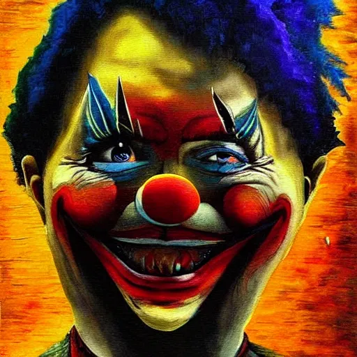 Prompt: fantasy painting of a clown by the blair witch project | horror themed | creepy