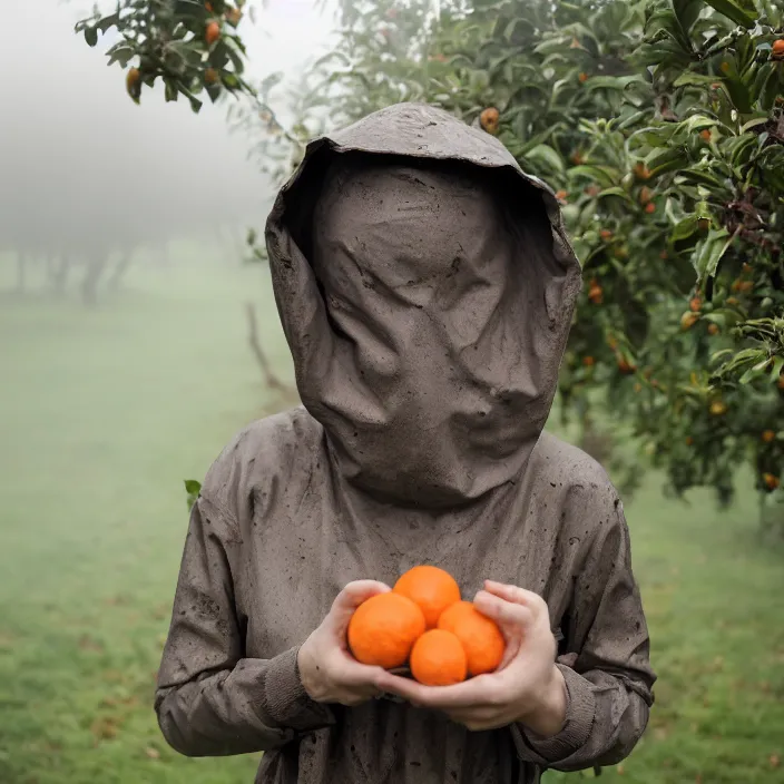 Prompt: a closeup portrait of a woman wearing a hood made of muddy hazmat hood, picking oranges from a tree in an orchard, foggy, moody, photograph, by vincent desiderio, canon eos c 3 0 0, ƒ 1. 8, 3 5 mm, 8 k, medium - format print