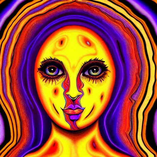 Image similar to tan latina woman, landscape, entering third dimension, eating third eye, prominent rosy cheek bones, black hair and brown eyes, psychedelic di vinci art style,