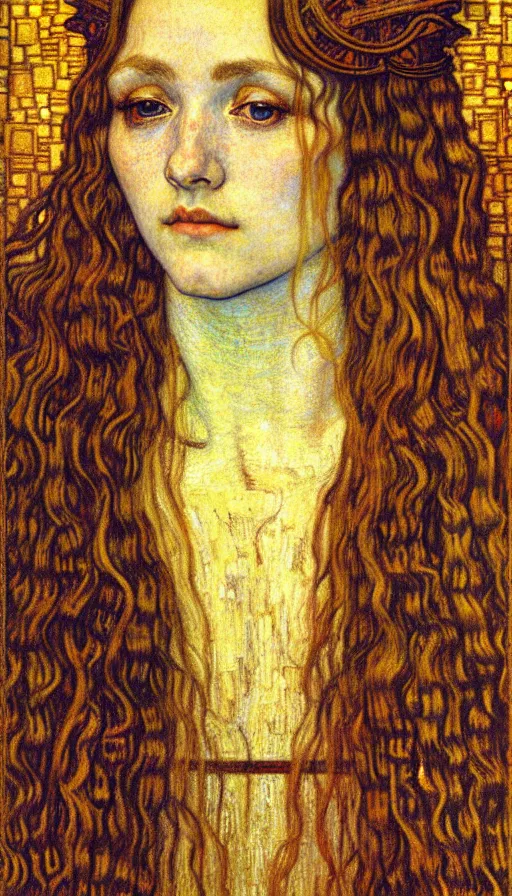 Image similar to detailed realistic beautiful young medieval queen face portrait by jean delville, gustav klimt and vincent van gogh, art nouveau, symbolist, visionary, gothic, pre - raphaelite, muted earthy colors, desaturated