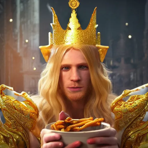 Prompt: beautiful elf king with long flowing blonde hair wearing elaborate robes and a gold filigree crown covered in jewels eating a baconator at Wendy's, hyperrealistic, cinematic lighting, octane render, 8K HD, fantasy concept art, professional 3D render, popular on artstation