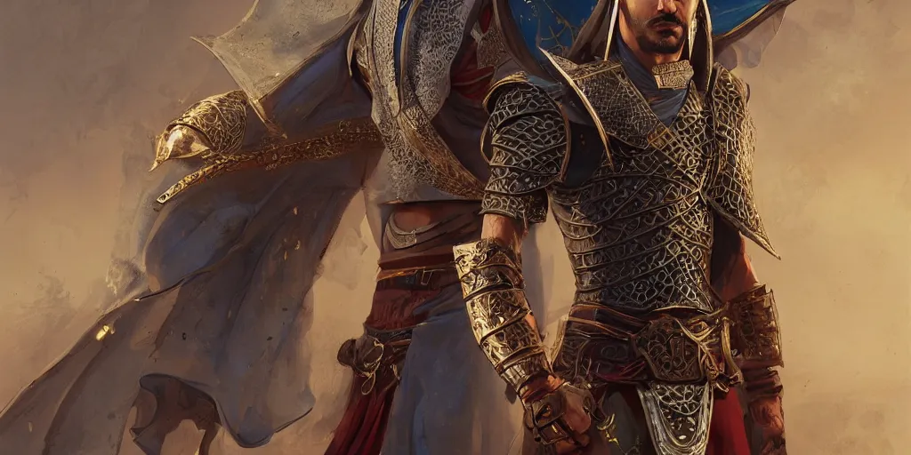 Image similar to arabian witcher, new costume concept design with metal sholders and ornaments on the armor, oriental armor style, arabic, fashion, colors with gold and dark blue, concept art, by artgerm, greg rutkowski, cinematic light, featured on artstation, octane render, sharp focus, ray tracing, artstationhq, cgsociety, 8 k.