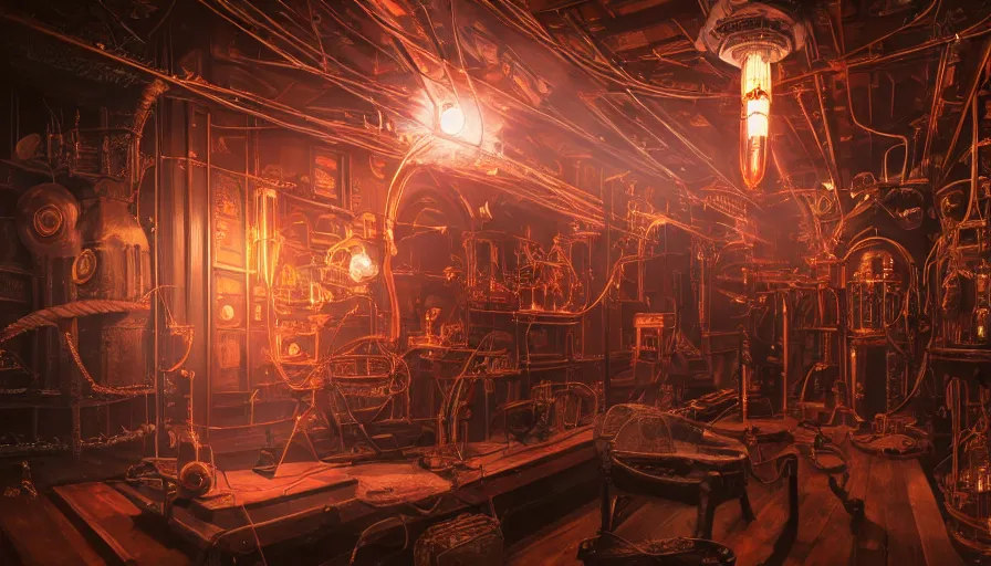 Prompt: A glowing electrical Steampunk space rocket in a victorian museum, james gurney, cinematic lighting, lots of steam and sparks, wires made of copper, artstation, vibrant nature, Tuomas Korpi, tekkon kinreet, volumetric light, artstation, , octane render, redshift render, low angle camera, rich deep moody colors