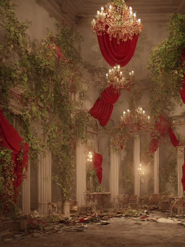 Prompt: an abandoned rococo salon, with colorful flowers and plants, red drapery, Dramatic, 8K, Lonely, Natural Lighting, god rays, super detailed, intricate, Octane render