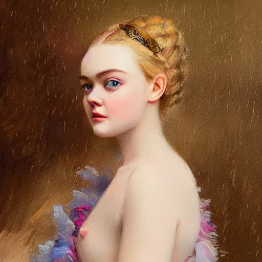 Image similar to professional painting of Elle Fanning in the style of Nikolay Makovsky, head and shoulders portrait, symmetrical facial features, smooth, sharp focus, illustration, intricate, stormy weather, extremely detailed masterpiece,