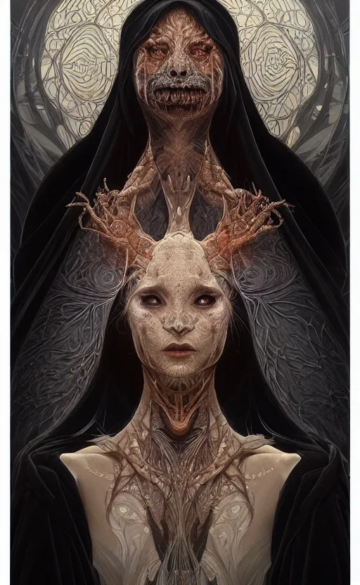 Image similar to Defaced creature wearing a black robe, it's face has been replaced by a fractal singularity of shifting patterns. fantasy, highly detailed, digital painting, artstation, concept art, smooth, sharp focus, illustration, art by artgerm and greg rutkowski and alphonse mucha