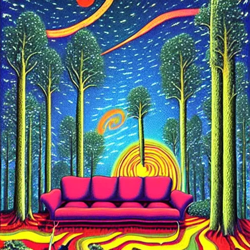 Image similar to psychedelic trippy couch pine forest, planets, milky way, sofa, cartoon by rob gonsalves