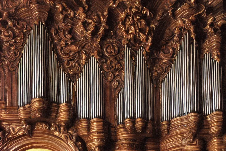 Prompt: pipe organ carved from dark smoke, high detail baroque oil painting