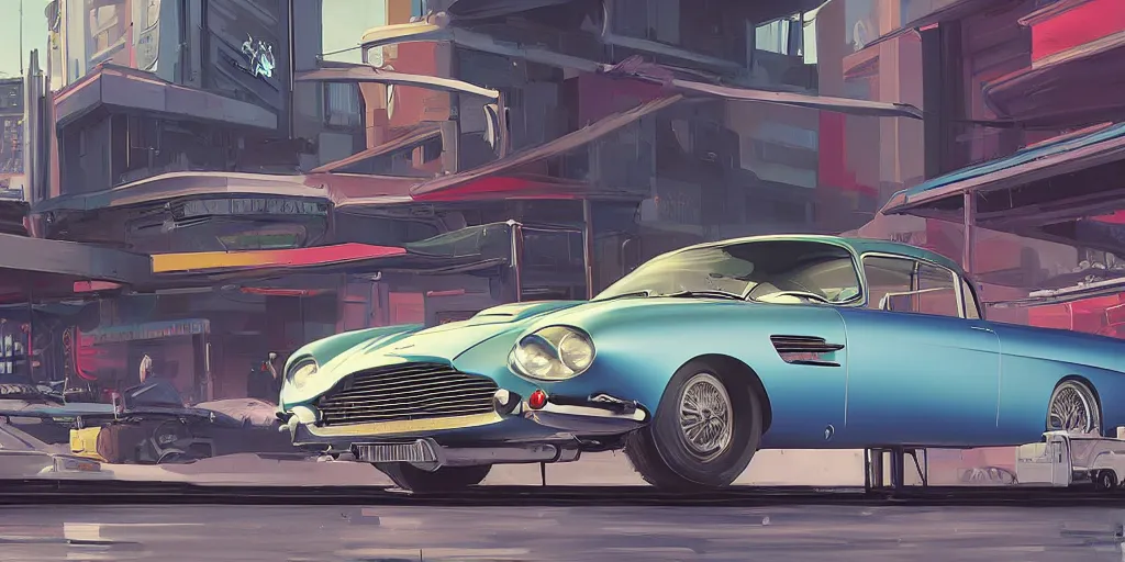 Prompt: art style by Ben Aronson and Edward Hopper and Syd Mead, wide shot view of the Cyberpunk 2077, on ground level. full view of the Aston Martin DB4 1958 with wide body kit modification and white pearl holographic paint.