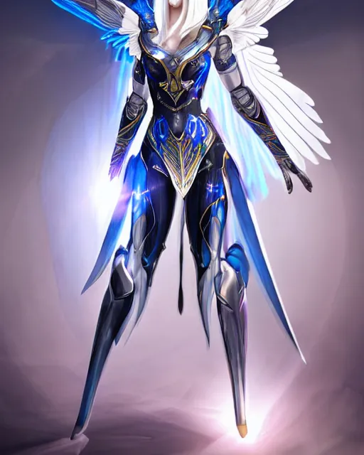 Image similar to perfect white haired attractive egyptian goddess with huge white dove wings, warframe armor, beautiful, symmetric, dreamy, half asian, pretty face, blue eyes, detailed, scifi platform, laboratory, charlize theron, 4 k, ultra realistic, epic lighting, android body, illuminated, cinematic, masterpiece, art by akihito tsukushi, voidstar