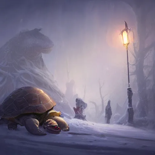 Image similar to anthropomorphic turtle humanoid, carapace, greg rutkowski, blizzard, winter, night, furs, fantasy