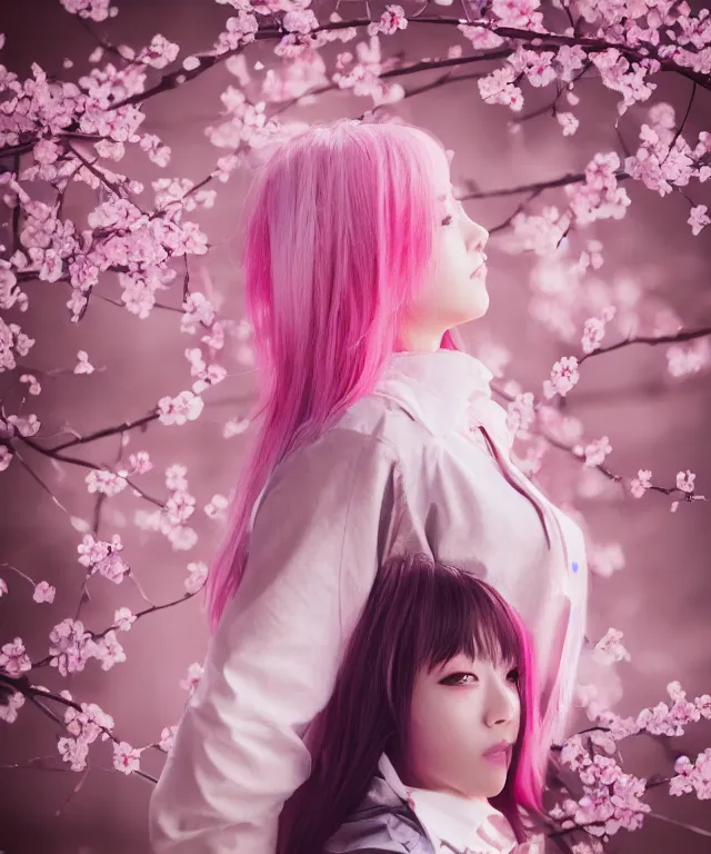 Light pink short hair anime girl surrounded by Sakura cherry blossom trees  - AI Generated Artwork - NightCafe Creator