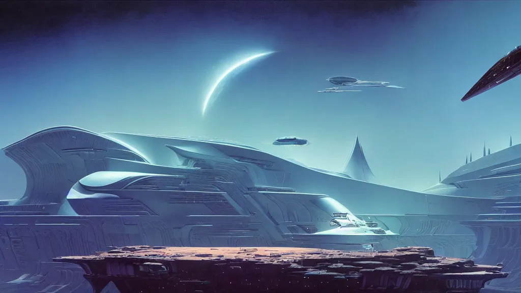 Image similar to digital render space science fiction digital matte painting bruce pennington, zaha hadid, john schoenher, flat colour,