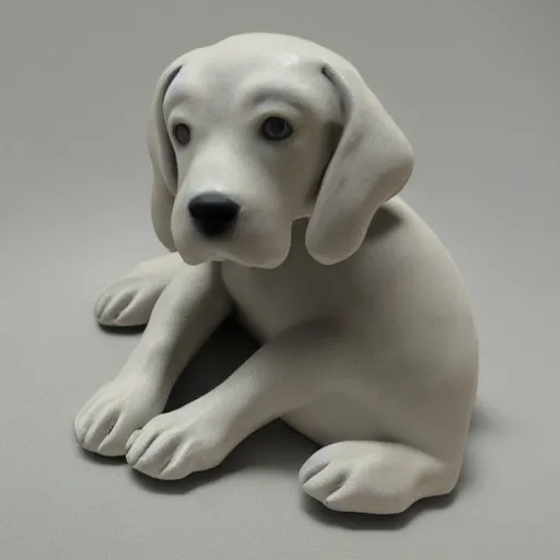 Prompt: studio photo of a ceramic figure, in the shape of a puppy. photorealistic, minimalist, ultra detailed.