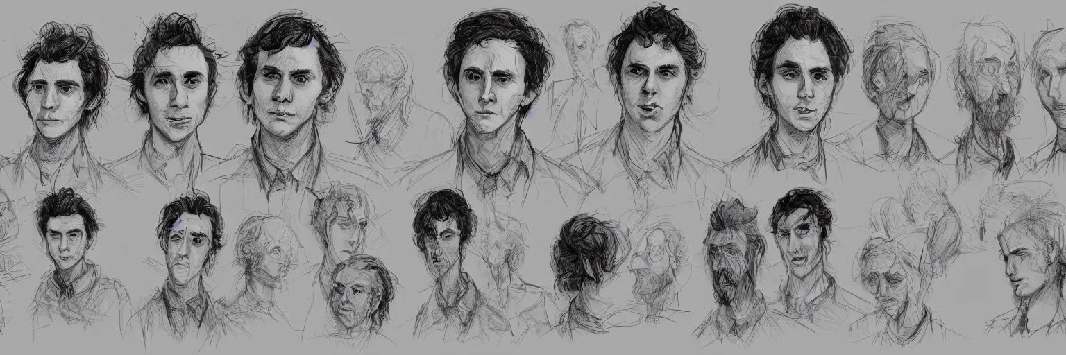 Image similar to character study of julian lage and paul dano, clear faces, wild, crazy, character sheet, fine details, concept design, contrast, kim jung gi, pixar and da vinci, trending on artstation, 8 k, full body and head, turnaround, front view, back view, ultra wide angle