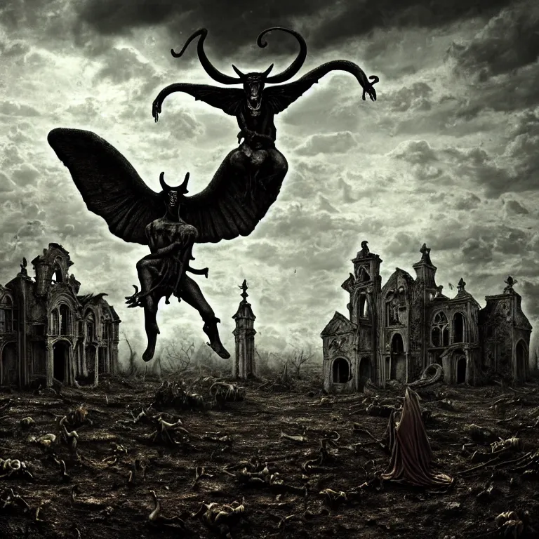 Prompt: surreal baphomet in Garden of Earthly Delights, desolate empty wasteland, creepy, nightmare, dream-like heavy atmosphere, surreal abandoned buildings, neoclassic, baroque painting, beautiful detailed intricate insanely detailed octane render trending on Artstation, 8K artistic photography, photorealistic, volumetric cinematic light, chiaroscuro, Hieronymus Bosch, Alex Grey, Raphael, Caravaggio, Beksinski, Giger, Rembrandt
