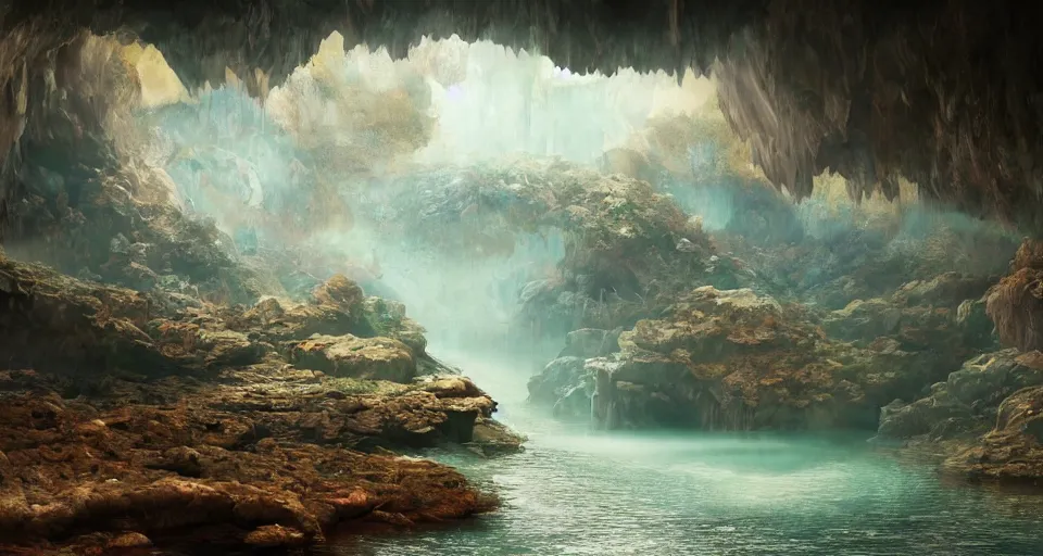 Image similar to a river in a marble cave system with big tea cups floating down it carrying people, vivid colors, matte painting, 8K, concept art, mystical color scheme, trending on artstation