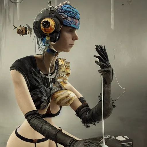 Image similar to italian solarpunk curator in an art gallery with extremely detailed headsets and glove's, inspired by die antwoord beautiful, hand painted textures, cloth physics, deviantart, karol bak, masamune shirow, black and white, photorealistic, concept art, perfect render, 3 d render, pixar, 8 k