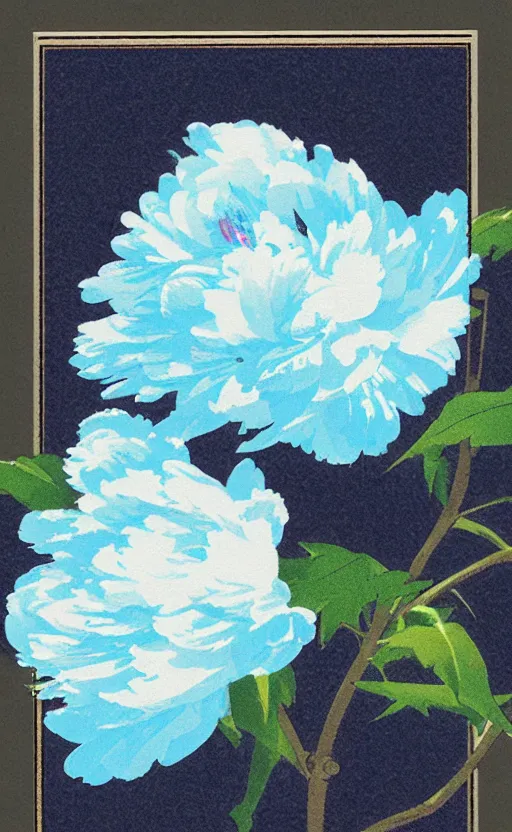 Image similar to by akio watanabe, manga art, light blue peony outside window, trading card front