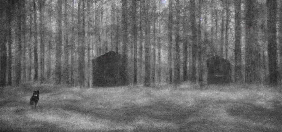 Prompt: house in the wood, black wolf guarding, pinhole analogue photo quality, monochrome, blur, unfocus, cinematic, 35mm, chalk drawing