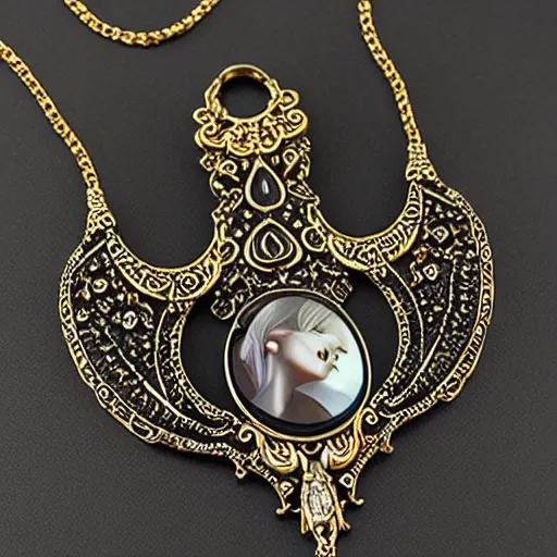 Image similar to semi - realistic gothic style big necklace with rococo ornamental bezel and a pendant of a dark style vampiress artistic necklace