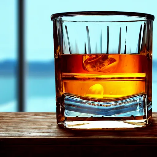 Prompt: a realistic photograph of a glass of whiskey on a wooden table, ultra hd, realistic