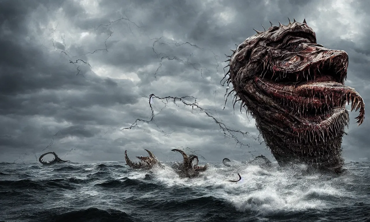 Image similar to a gigantic ultra-detailed scary monster that looks like an angler-fish with extremities like crocodile ,wet and slimy with a very large mouth, is coming out of the sea on a beach, there are people fleeing in terror, photo-realistic, stormy sky, photo by national geographic