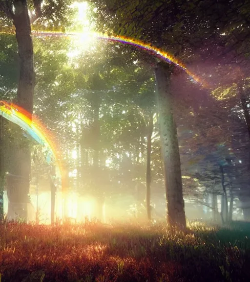 Image similar to daydreaming of the sun glares, fluidity transparent dance of the blockchain sheets, cyberpunk forest, majestic light, octane render, beauty fog, ethereal glare of the sun, raining rainbow, volumetric lighting, hyperealistic, epic, masterpiece