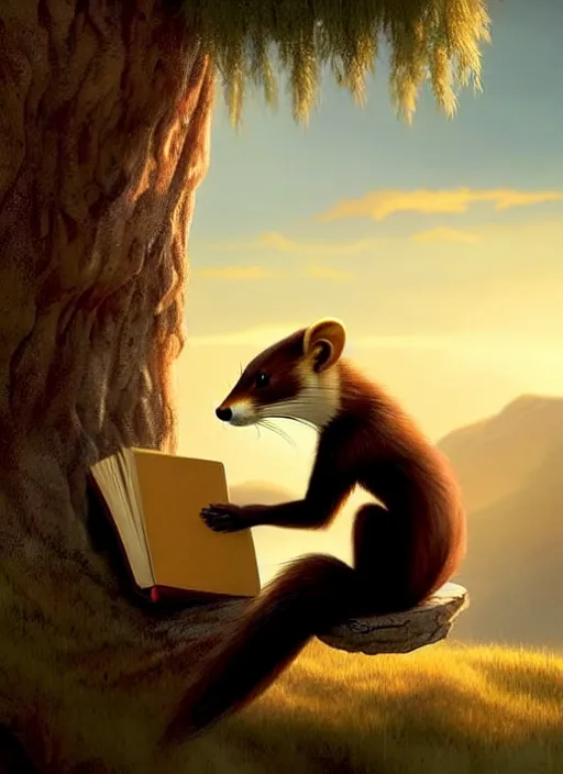 Image similar to A beautiful scene from a 2022 fantasy film featuring a humanoid pine marten reading on a couch. An anthropomorphic pine marten wearing a white shirt with a book. Golden hour. Trending on CGSociety.