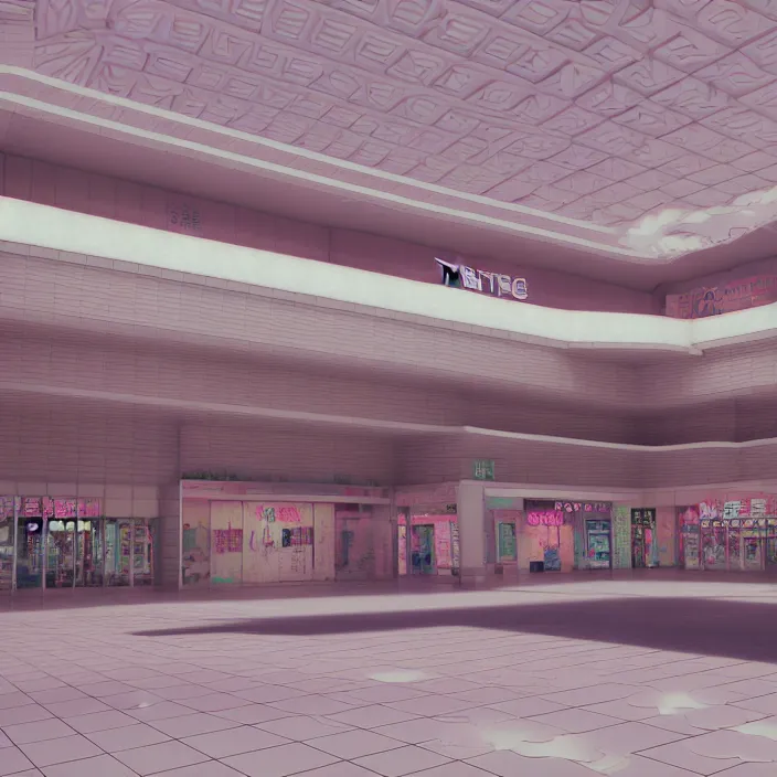 Image similar to vaporwave 7 0 s dreamy empty empty shopping mall, japanese style, highly detailed, 3 d render, vray, octane, realistic lighting, photorealistic