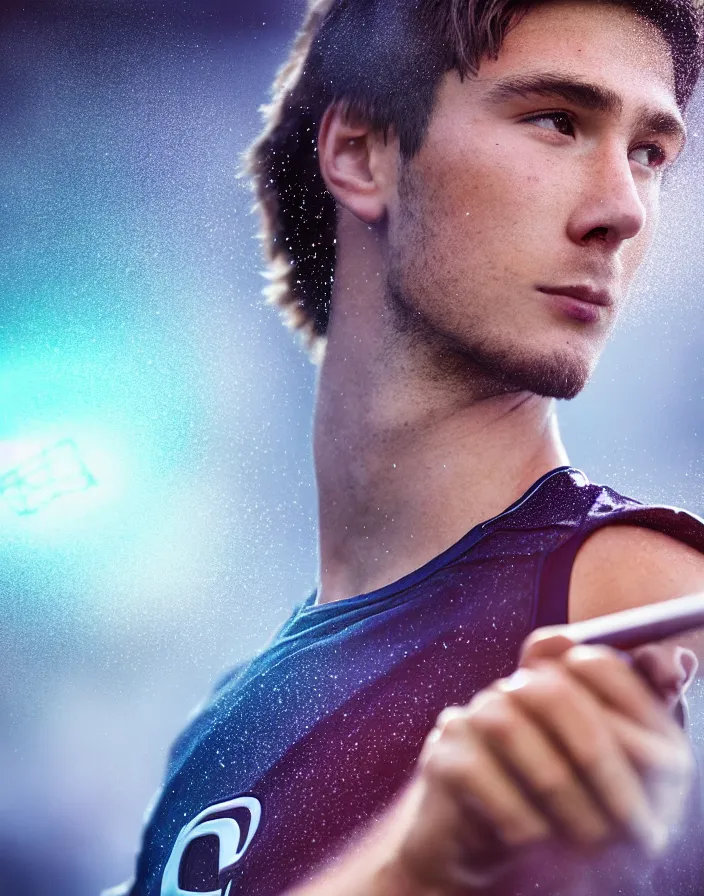 Image similar to closeup portrait of very beautiful cute male lacrosse player in a penn state stadium, glamour pose, particle effects, backlit, highly detailed, soft ambient lighting, sharp focus, rule of thirds, artgerm, wlop, arney freytag, rossdraws, frank frazetta, andrei riabovitchev, hd, octane, 4 k