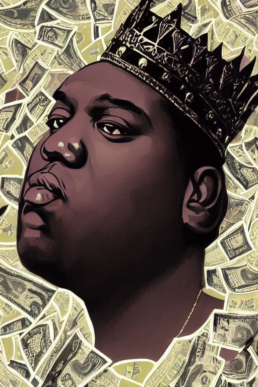 Image similar to portrait of biggie smalls with kings crown and royal outfit, royal background, piles of money, modern, eclectic, illustration, by ramon casas