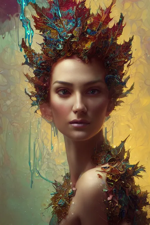 Prompt: face closeup of beautiful girl in intricate detailed color smashing fluid oilpaint, 3 d render, hyper realistic detailed portrait, color leaves, melting wax, ornate headpiece, broken mirror, ruan jia, wlop. scifi, fantasy, hyper detailed, octane render, concept art, by peter mohrbacher, by alphonse mucha, by wlop, by ruan jia