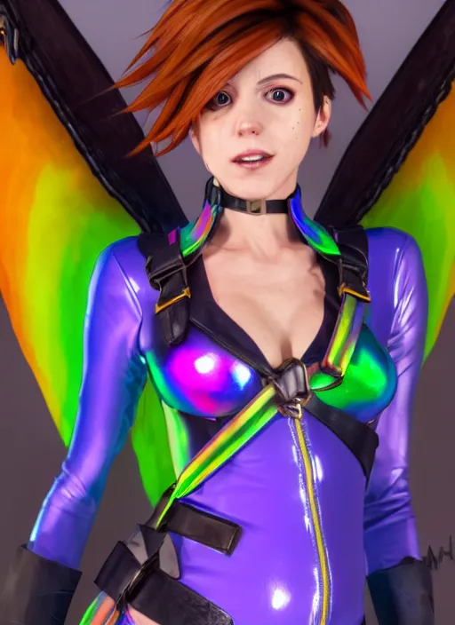 Image similar to portrait bust digital artwork of tracer overwatch, wearing iridescent rainbow latex and leather straps catsuit outfit, 4 k, expressive happy smug expression, makeup, in style of mark arian, angel wings, wearing detailed leather collar, chains, black leather harness, detailed face and eyes,