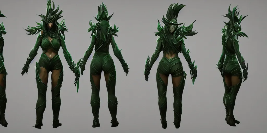 Image similar to character sheet of elderwood akali ( league of legends ). hyperreal 3 d octane render 8 k