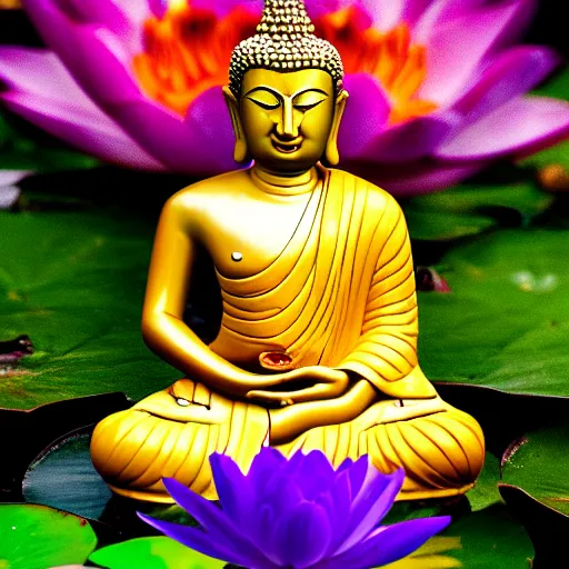 Prompt: The Buddha sitting on a purple Lotus Flower, Buddhist Art, Depth of Field, 4k resolution