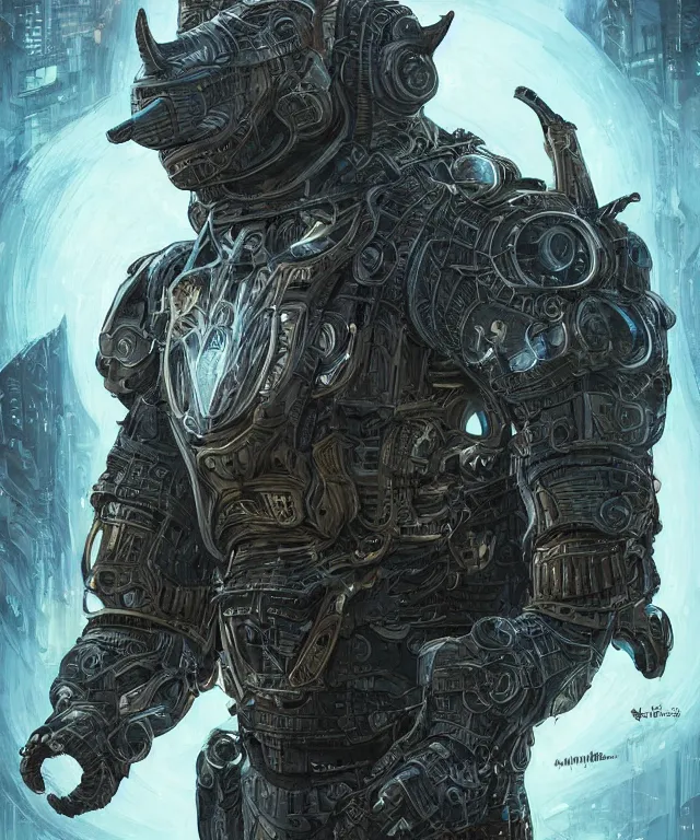 Image similar to an anthropomorphic rhinoceros portrait wearing sci fi armor, front facing!!!, surrealism , scifi, intricate cyberpunk armor, elegant, highly detailed cyberpunkbody armor, neon glowing eyes, digital painting, artstation, concept art, smooth, sharp focus, illustration, art by Artgerm and moebius and Peter Mohrbacher,