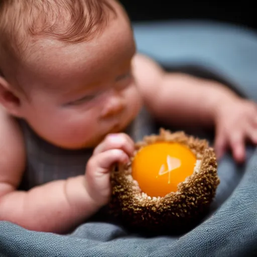 Prompt: close up photo of a baby Scotsman in a kilt hatching out of a Scotch egg